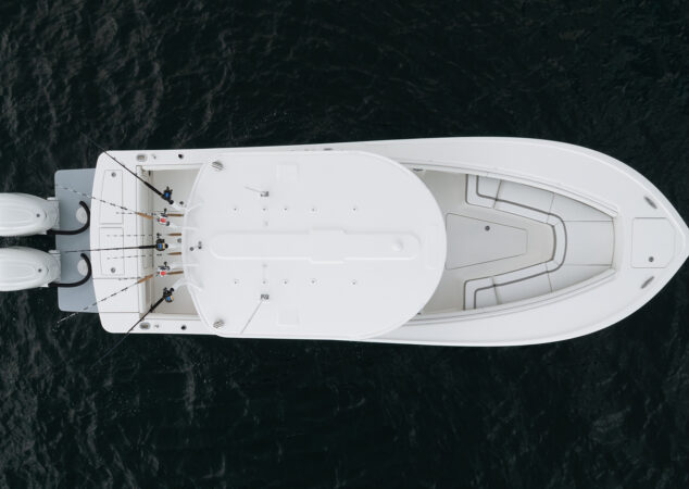 Aerial top-down view of the Regulator 28 deck layout and twin outboards