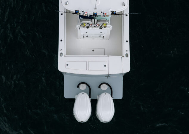 Overhead view of the Regulator 28 cockpit and twin Yamaha outboards