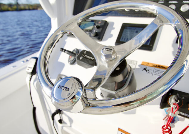 Stainless Edson steering wheel with knob on Regulator 26XO helm