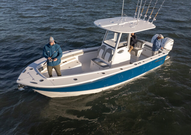 Overhead angle of Regulator 25 with anglers casting lines offshore