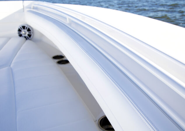 Padded bow seating with backrest bolsters and cup holders built into the gunwales