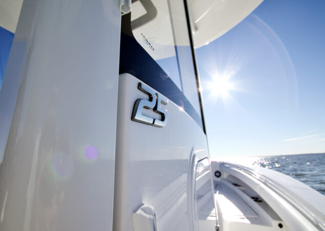 Close-up of “25” chrome emblem on the Regulator console with sun glare