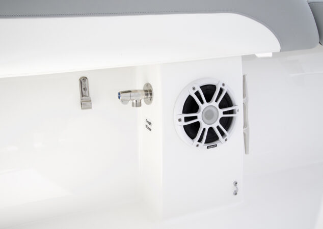 Cockpit side panel with Fusion speaker and freshwater washdown outlet