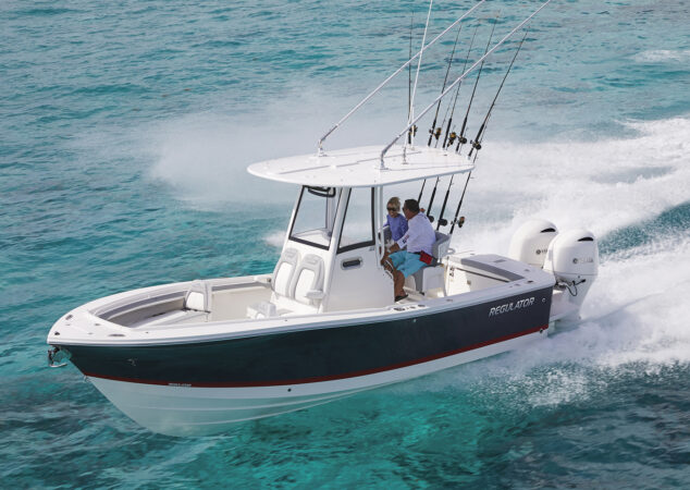 Regulator 23 center console running offshore at speed with twin Yamaha outboards