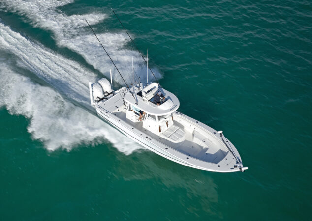 Three-quarter aerial shot of the Regulator 30XO showing expansive bow deck and seating