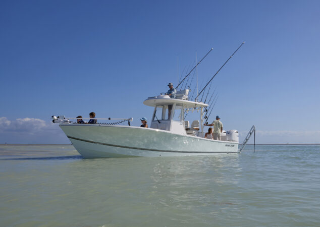 Family enjoying time aboard the Regulator 30XO anchored on a shallow sandbar