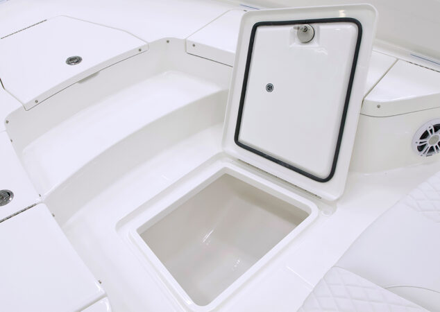 Forward bow compartment with hatch open, revealing deep storage space