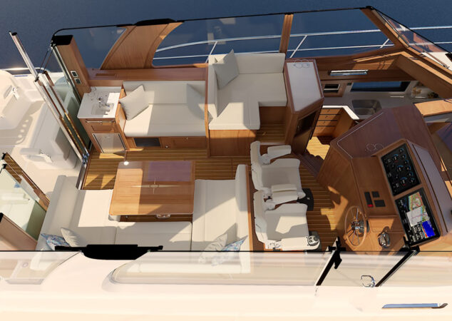 Overhead cutaway of Sabre 51 layout showing helm chairs, salon seating, and galley placement
