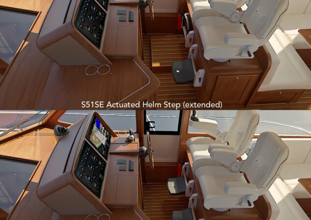 Sabre 51 helm station with dual captain’s chairs and actuated helm step shown in extended and retracted positions