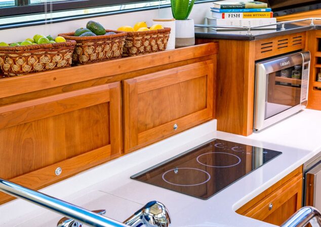 Back Cove 372 galley countertop with stovetop, microwave, and spice storage