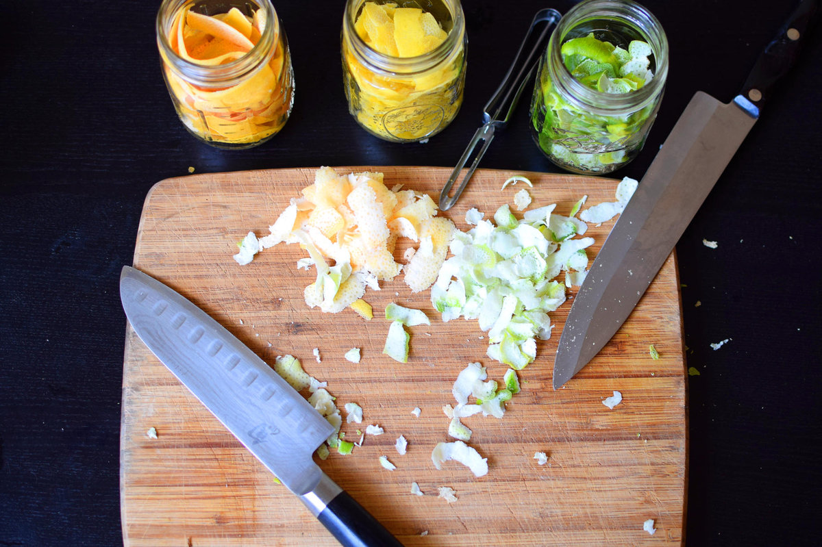 Pith removed and peels added to mason jars.