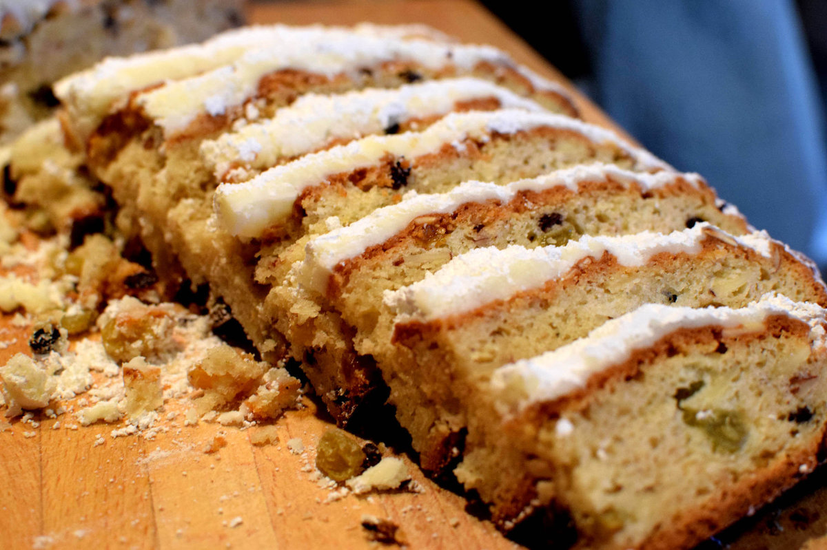 Stollen sliced and ready to eat.