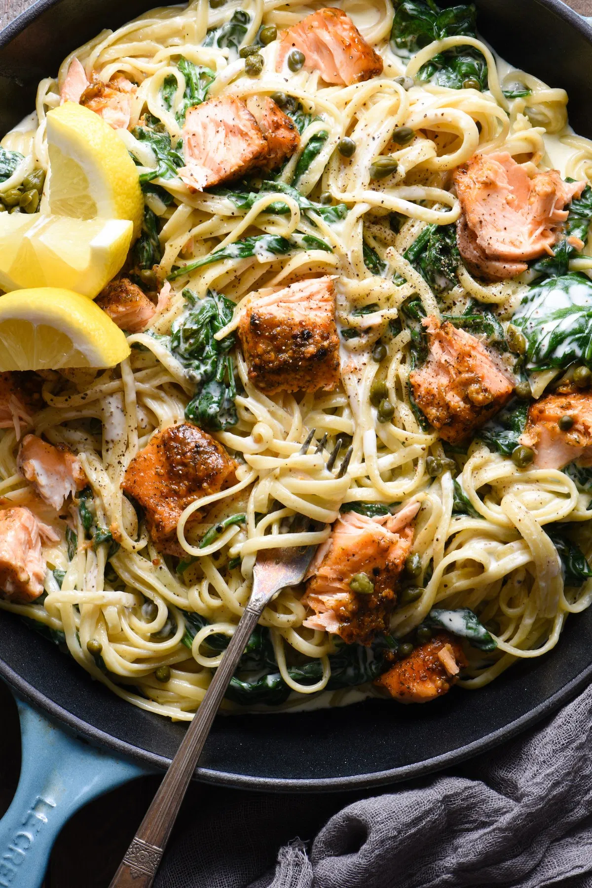 Salmon Over crawfish pasta