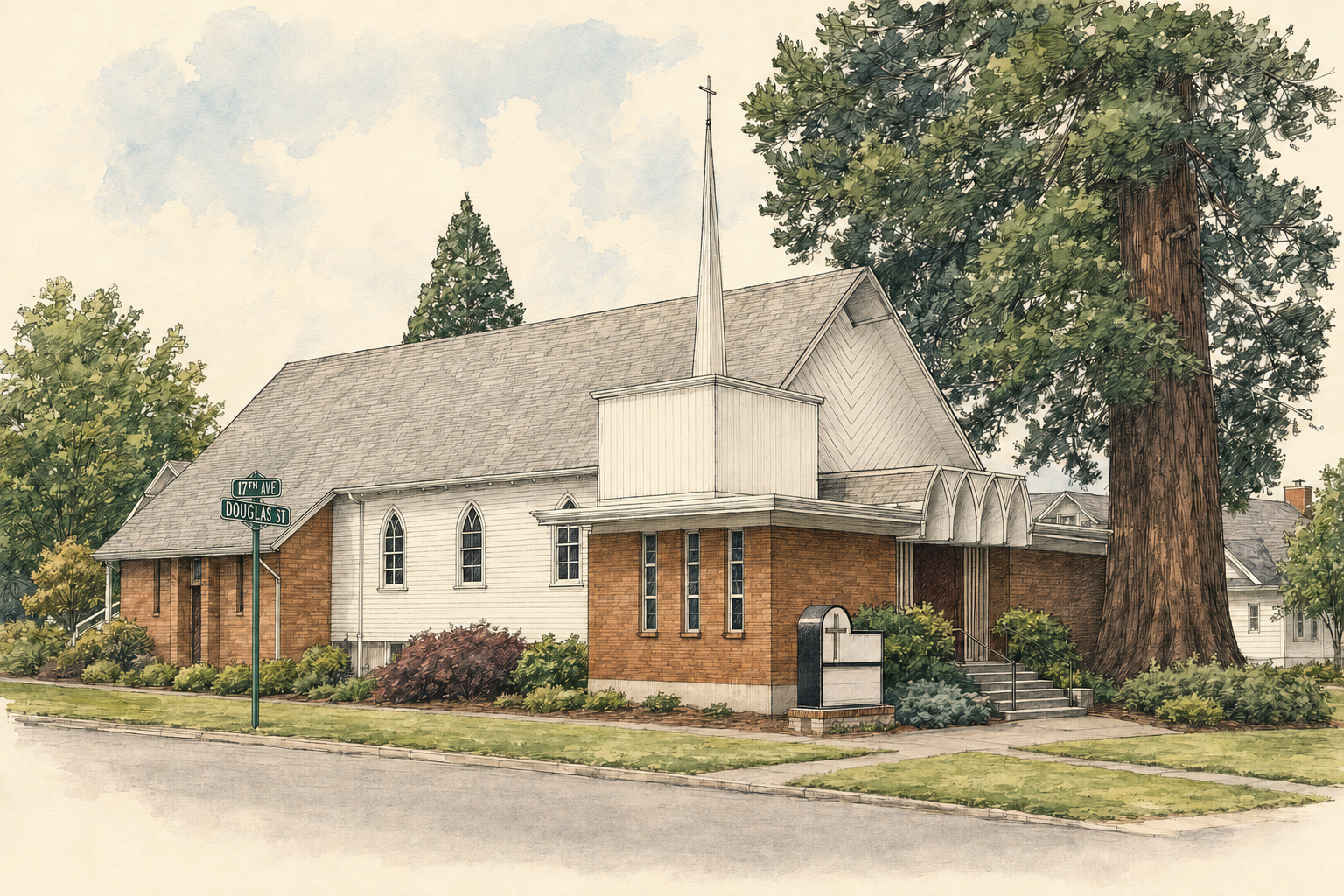Architectural sketch of Mt. Olive Lutheran Church in Forest Grove