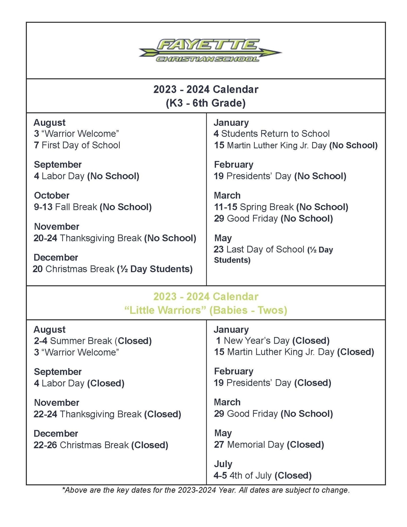 Fayette Christian School School Calendar