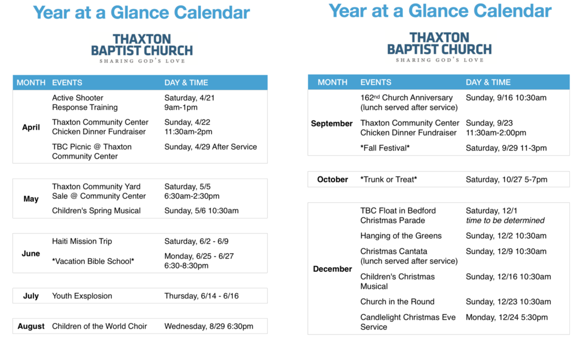 Thaxton Baptist Church Calendar