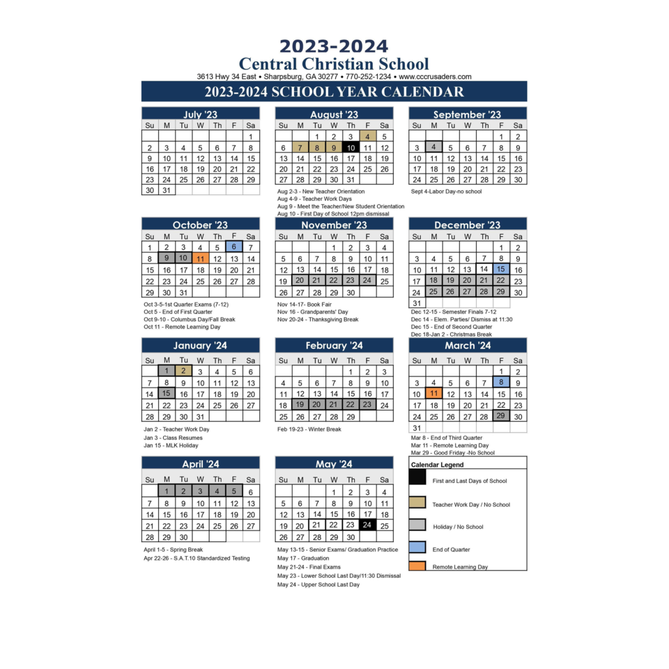Central Christian School School Calendar