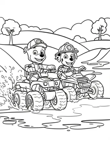 Join Rubble and Marshall as they navigate through a challenging obstacle course on their trusty ATVs. This exciting coloring page is perfect for kids who love action and adventure!