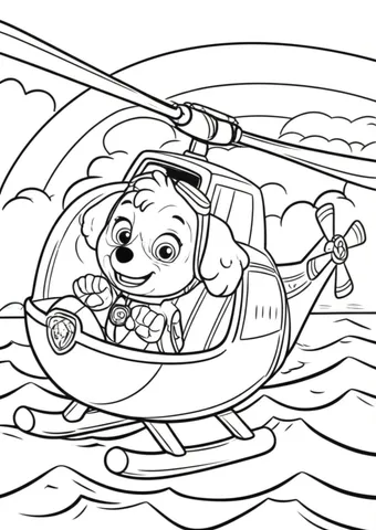 Join Skye, the brave and adventurous pup from Paw Patrol, as she flies her helicopter over the ocean with a beautiful rainbow in the background. Let your imagination soar with this fun and colorful character coloring page!