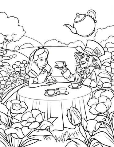 Join Alice and the Mad Hatter for a whimsical tea party in Wonderland on these Disney coloring pages. Let your imagination run wild with these fun and colorful scenes!