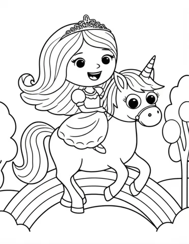 Get your princess ready for an adventure with our Disney coloring pages featuring a magical unicorn ride through a rainbow in a fantasy kingdom. Let your child's imagination run wild as they bring this enchanting scene to life with their favorite colors.