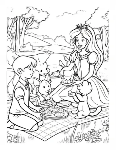 Join a princess and her animal friends for a fun picnic in a sunny meadow on these Disney coloring pages. Color in scenes of friendship, nature, and magic.