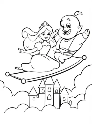 Discover the magical world of Disney with these coloring pages featuring a princess riding a flying carpet with her genie companion. Let your imagination soar as you bring these scenes to life with vibrant colors.