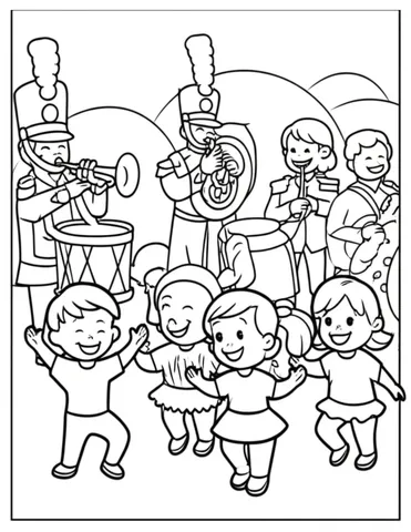 Join in on the holiday spirit with our festive parade coloring page featuring marching bands, colorful floats, and Santa Claus waving from his sleigh. Perfect for kids and adults alike!