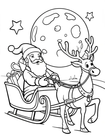 Join Santa and his trusty reindeer as they soar through the starry night sky, delivering presents to all the good boys and girls on this festive holiday coloring page. Let your imagination take flight and bring this magical scene to life with your favorite colors.