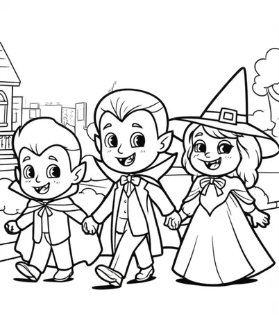 Join in on the Halloween fun with these spooky and heroic coloring pages featuring a group of trick-or-treaters dressed as monsters and superheroes. Perfect for kids and adults alike!