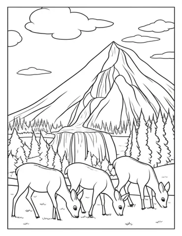 Unleash your inner artist with this stunning coloring page featuring a majestic mountain landscape with a cascading waterfall and peaceful deer grazing in the foreground. Perfect for adults looking for a relaxing and creative activity.