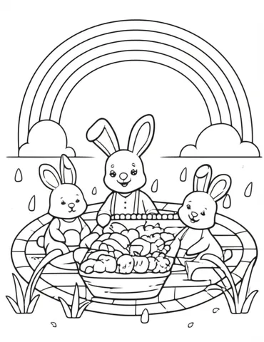 Escape to a tranquil meadow with our coloring pages for adults featuring a rainbow and a family of playful bunnies. Unleash your creativity and relax with this whimsical scene.