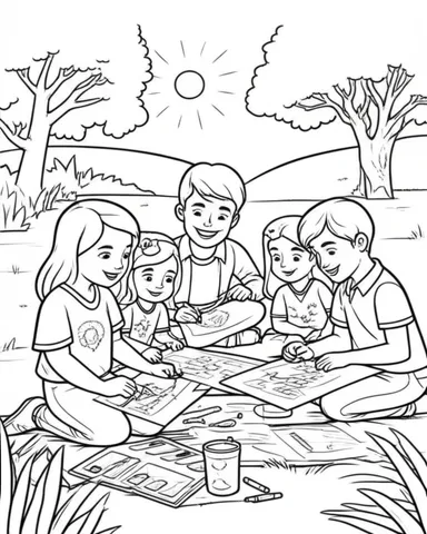 Join a group of friends as they color together with coloring book markers on a beautiful sunny day. Relax and unwind with these fun and engaging coloring pages for adults.