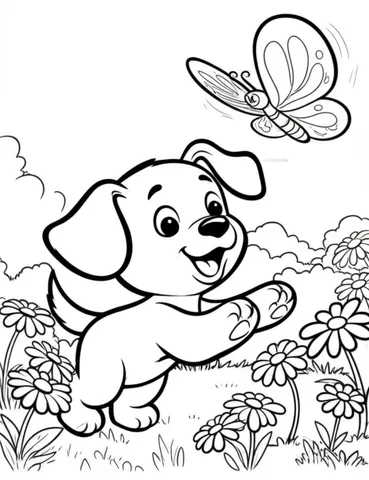 Experience the joy of coloring a playful puppy chasing a butterfly in a field of flowers with markers on our coloring pages for adults. Relax and let your creativity run wild with this fun and engaging activity.
