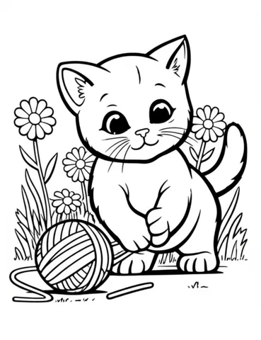 Bring your coloring pages to life with a fun and playful scene of a happy kitten chasing a ball of yarn in a field of flowers. Download and print this easy coloring page for hours of coloring fun.