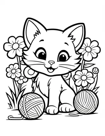 A happy kitten surrounded by a field of flowers, playing with a ball of yarn