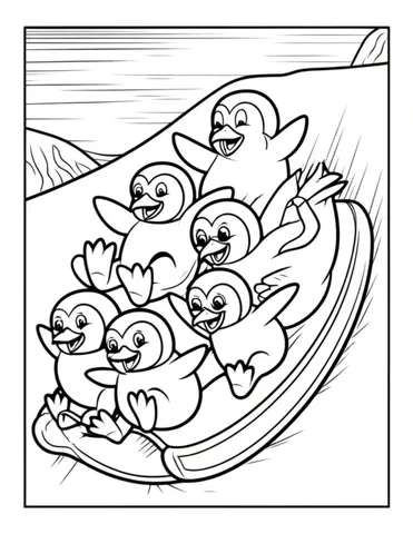 Get ready for some frosty fun with these adorable coloring pages of a group of penguins sliding down an icy hill. Let your imagination run wild as you bring these playful penguins to life with your favorite colors.