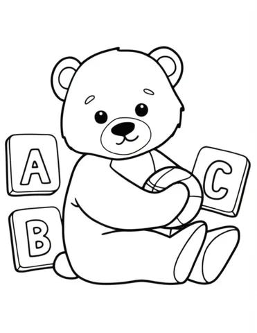 Get creative with these fun and educational coloring pages featuring a studious bear surrounded by alphabet flashcards and holding a ball. Perfect for kids who love learning and coloring!