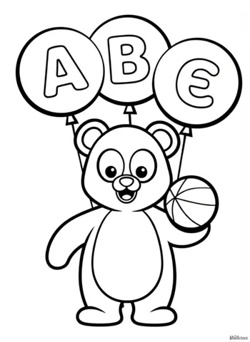 Enjoy coloring these fun and unique pages featuring a cheerful bear surrounded by colorful alphabet balloons and holding a ball in its paw. Perfect for children of all ages!
