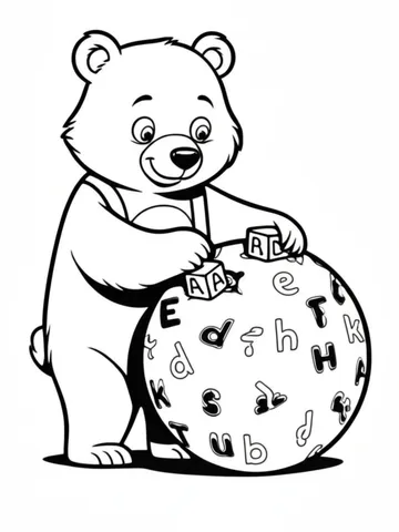 A creative bear using alphabet stamps to create a colorful ball