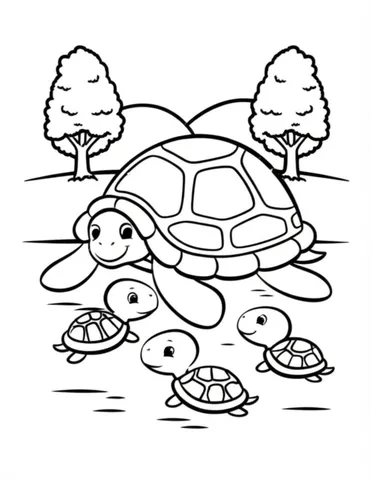 Discover fun and educational coloring pages of a mother turtle teaching her babies how to swim. Perfect for children who love animals and the ocean!