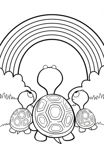 Join the turtle family as they gaze in awe at the vibrant rainbow in the sky. These coloring pages are perfect for kids who love nature and cute animals.