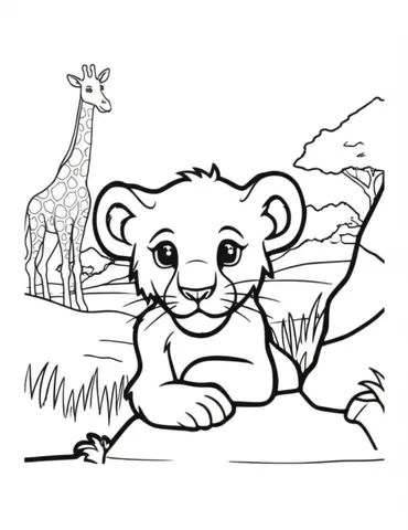A curious lion cub peeking out from behind a rock, with a giraffe in the background.