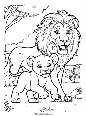 Get ready to color in a heartwarming scene of a playful lion cub chasing a butterfly while its mother watches protectively. Perfect for kids and adults alike, this coloring page will bring joy and creativity to your day.