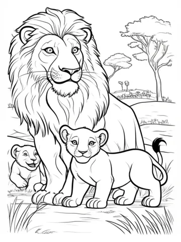 Explore the wild with our collection of coloring pages featuring a lioness teaching her cubs how to hunt while a herd of wildebeest roam in the distance. Let your imagination run wild and bring these scenes to life with your favorite colors!