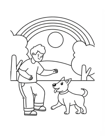 Get ready to color in a fun and playful scene of a boy and his dog playing fetch in the park with a beautiful rainbow of colors surrounding them. This coloring page is perfect for kids and adults alike who love dogs, rainbows, and spending time outdoors.