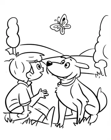 A boy and his dog taking a break from playing fetch to admire a colorful butterfly in the park.