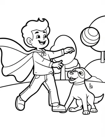 Get ready for some playful and imaginative coloring fun with our collection of coloring pages featuring a boy and his dog playing fetch in the park! Watch as the boy wears a colorful cape and the dog sports a superhero mask while they enjoy a sunny day in the park.