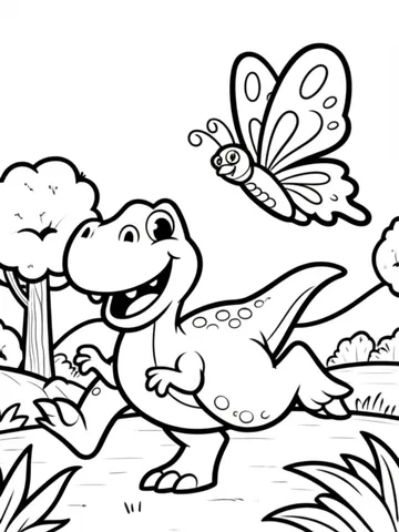 Bring the prehistoric world to life with our coloring pages of a friendly dinosaur playing with a butterfly in a beautiful landscape. Perfect for kids who love dinosaurs and nature.