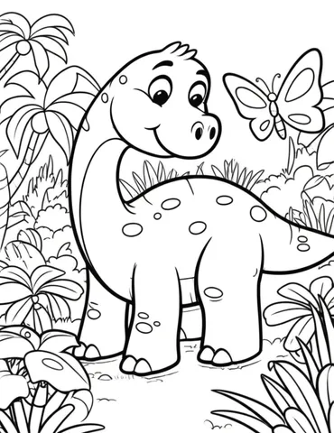 A curious dinosaur discovering a butterfly in a prehistoric forest filled with colorful plants